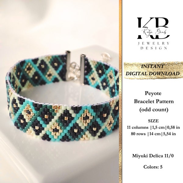 Peyote beaded thin bracelet pattern (odd count), Miyuki Delica Geometric Beaded Jewelry Pattern, Modern Design - Silver Turquoise