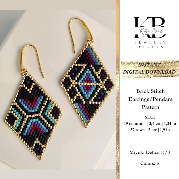 Rhombus Novelty Elegant Statement Black Gold Brick Stitch Beaded Miyuki Delica Bead Earrings or Pendant Pattern - DIY 21st birthday gift