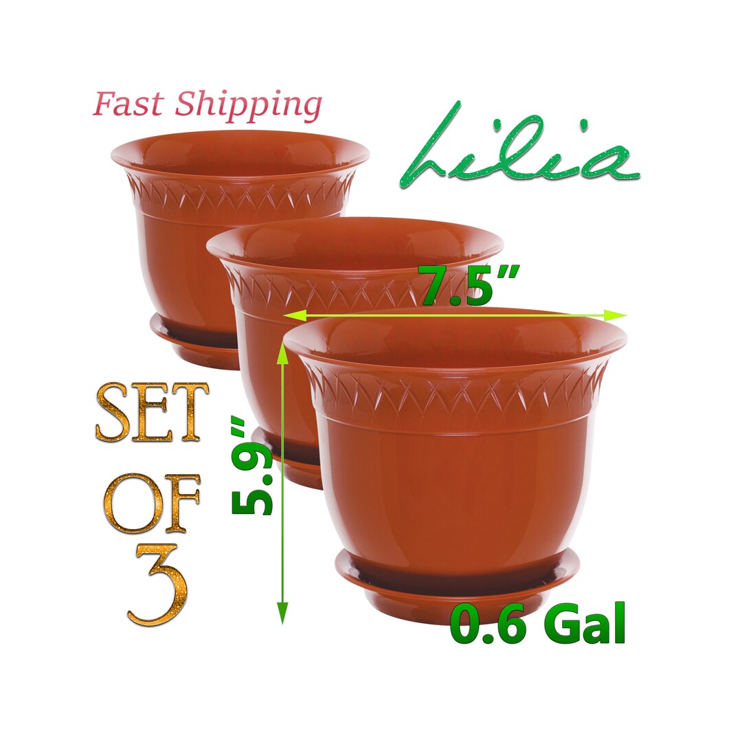 Plastic Flower Pots Planters Set of 3 With Saucer 7.5 in Width 5.9 in Height 0.6 Gal Terracotta