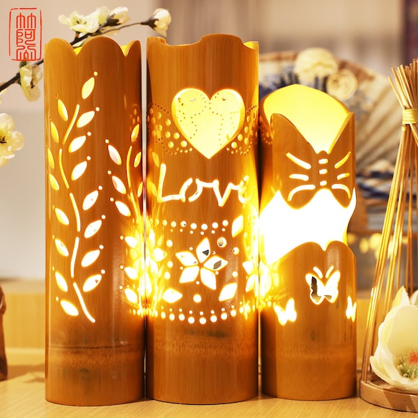 Bamboo Lamp Light, Table Wooden Light, Bamboo Light Shade, Luxury Tea Light Holder, Housewarming Gift, Christmas Gift