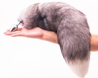 Arctic Grey Fox Tail with Stainless Steel Butt Plug