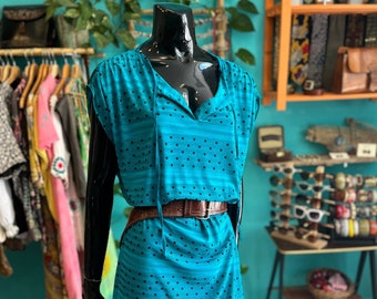 80s BLUE DARK TURQUOISE Dress  /// Blue Dark Turquoise Vintage Dress with Black pattern