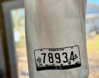 CUSTOM Town Texas License Plate Zip Code Kitchen Towel Gift