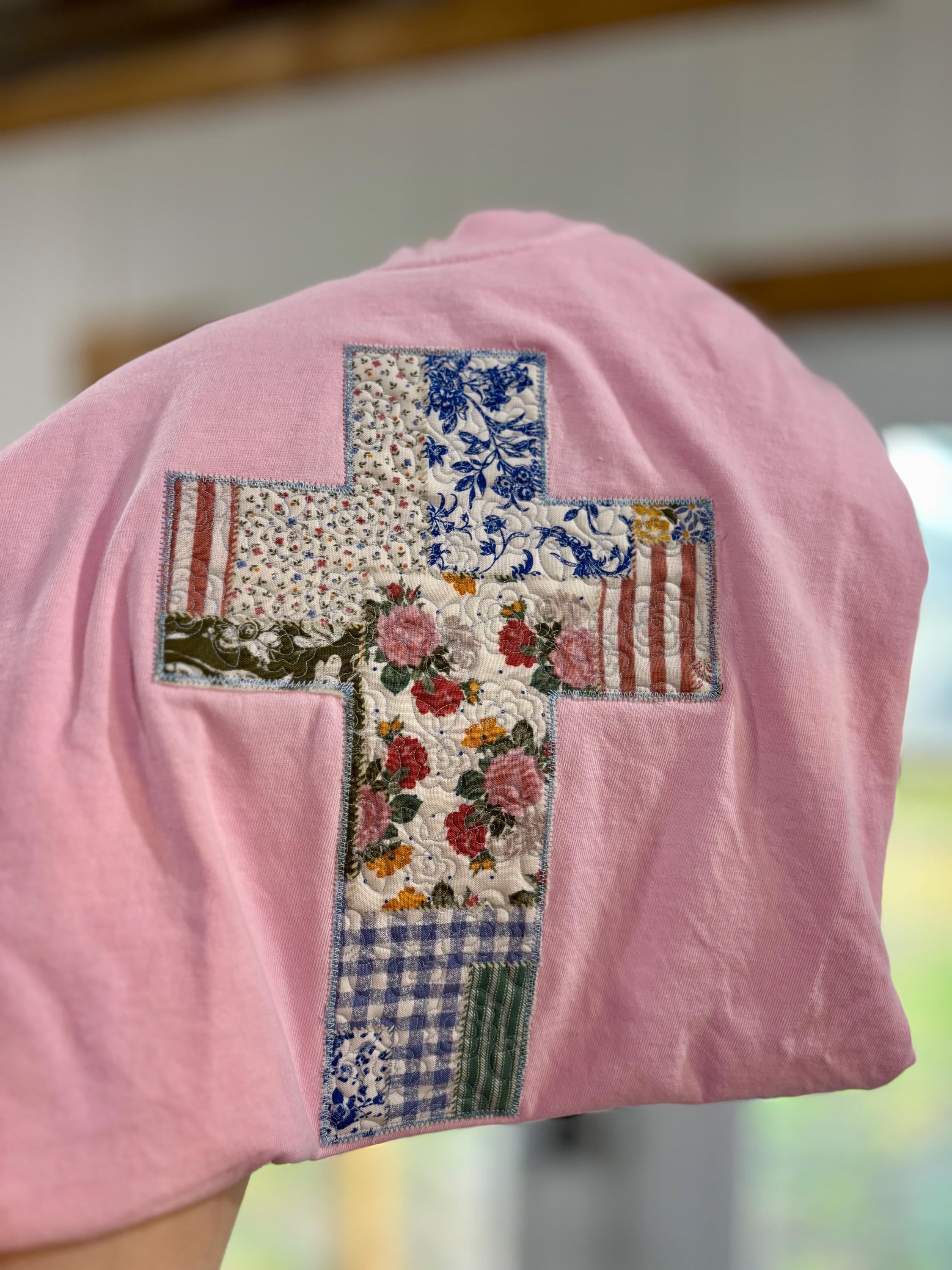 Quilted Patchwork Cross Embroidered Tshirt Spring Christian