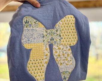 Quilted Patchwork Bow Embroidered Tshirt Spring Blue and Yellow Comfort Colors Easter Tee