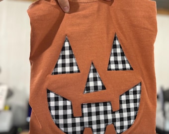 Embroidered Jack O Lantern Shirt Fall Gingham Homespun Pumpkin Face Tshirt