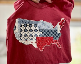 Quilted Patchwork USA Embroidered America Tshirt Patriotic Summer Vintage Comfort Colors Tee Shirt