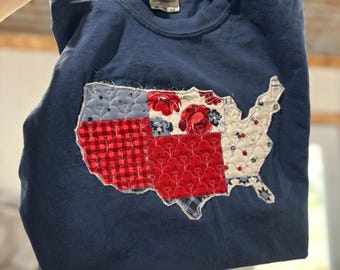 Quilted Patchwork USA Embroidered America Tshirt Patriotic Summer Vintage Comfort Colors Tee Shirt