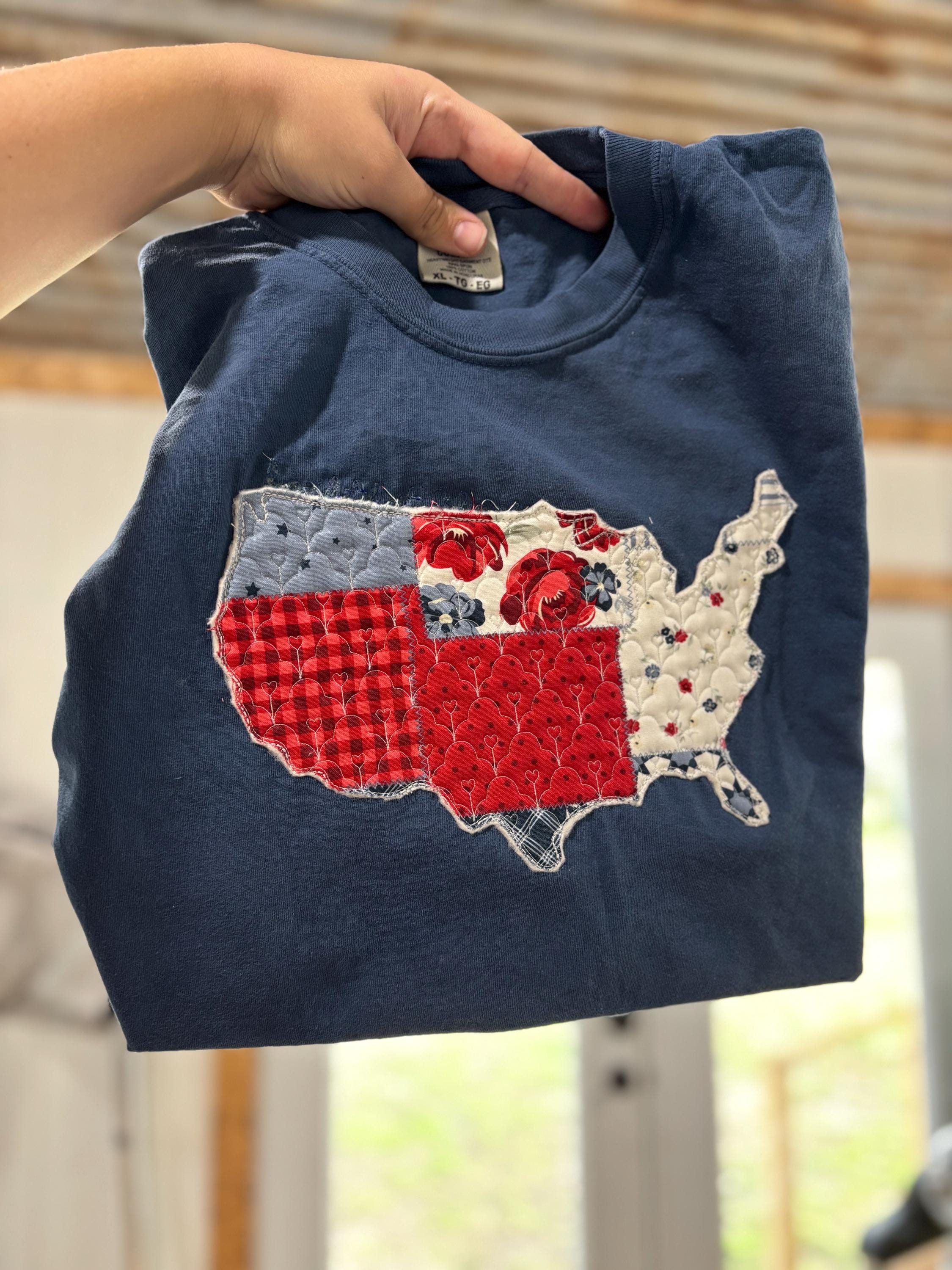 Quilted Patchwork USA Embroidered America Tshirt Patriotic Summer