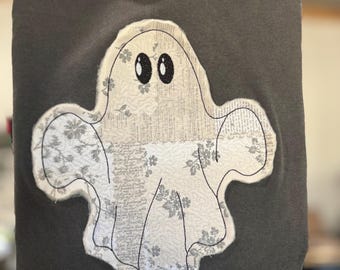 Quilted Patchwork Ghost Shirt Embroidered Halloween Shabby Tshirt