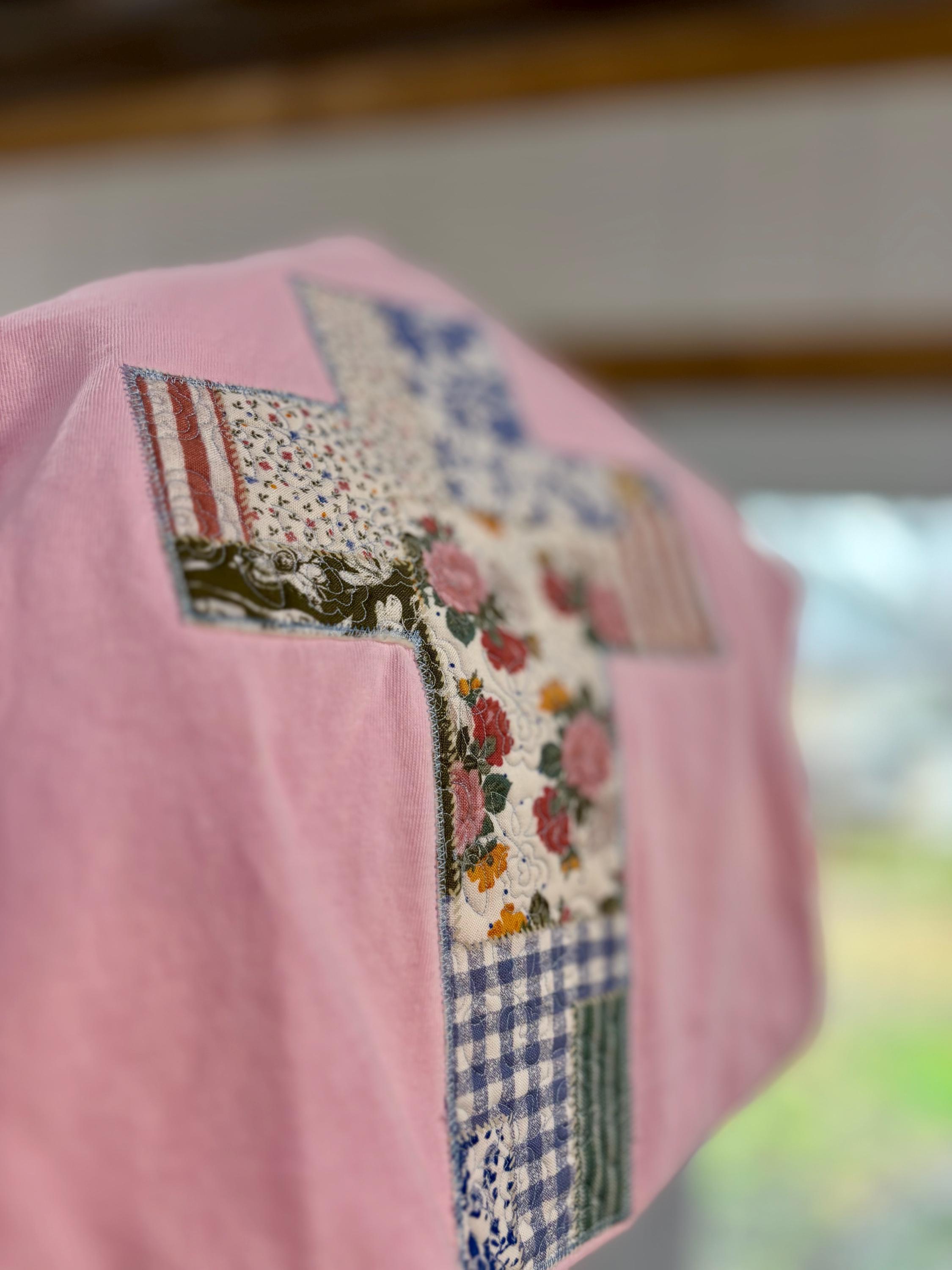 Quilted Patchwork Cross Embroidered Tshirt Spring Christian
