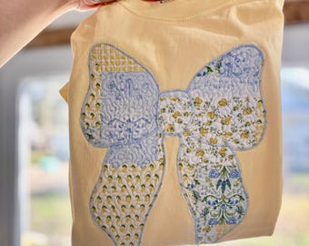 Quilted Patchwork Bow Embroidered Tshirt Spring Butter Yellow Comfort Colors Easter Tee
