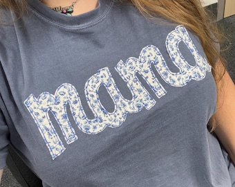 Embroidered Mama Blue Floral Vintage Feel Tshirt Applique Shirt Gift for Mom to Be