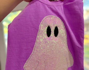 Colorful Iridescent Ghost Embroidered Comfort Colors Applique Shirt Cute Neon Violet Halloween Tee Shirt Vintage Feel Bright Fun Tshirt Fall