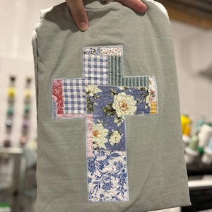 Quilted Patchwork Cross Embroidered Tshirt Spring Christian Comfort Colors Easter Tee