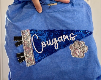 CUSTOM Sequins Mascot Pennant with Sequin Paw Print Tee School Spirit Shirt Comfort Colors Applique Tshirt
