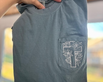 Embroidered Lily Cross Pocket Tee Christian Comfort Colors Tshirt for Spring or Easter