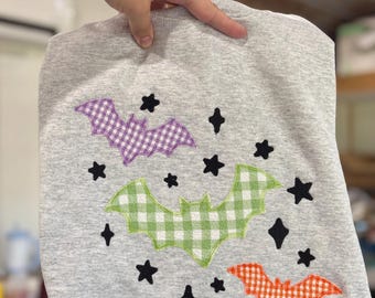 Quilted Bats Halloween Sweatshirt Embroidered Patchwork Fall Cottagecore Crewneck