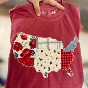 Quilted Patchwork USA Embroidered America Tshirt Patriotic Summer Vintage Comfort Colors Tee Shirt