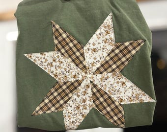 Vintage Quilt Star Embroidered Tee Shirt Vintage Inspired Applique Quilt Design Cottage Core Plaid