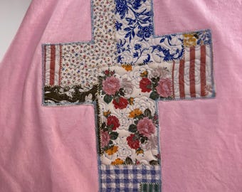 Quilted Patchwork Cross Embroidered Tshirt Spring Christian Comfort Colors Easter Tee