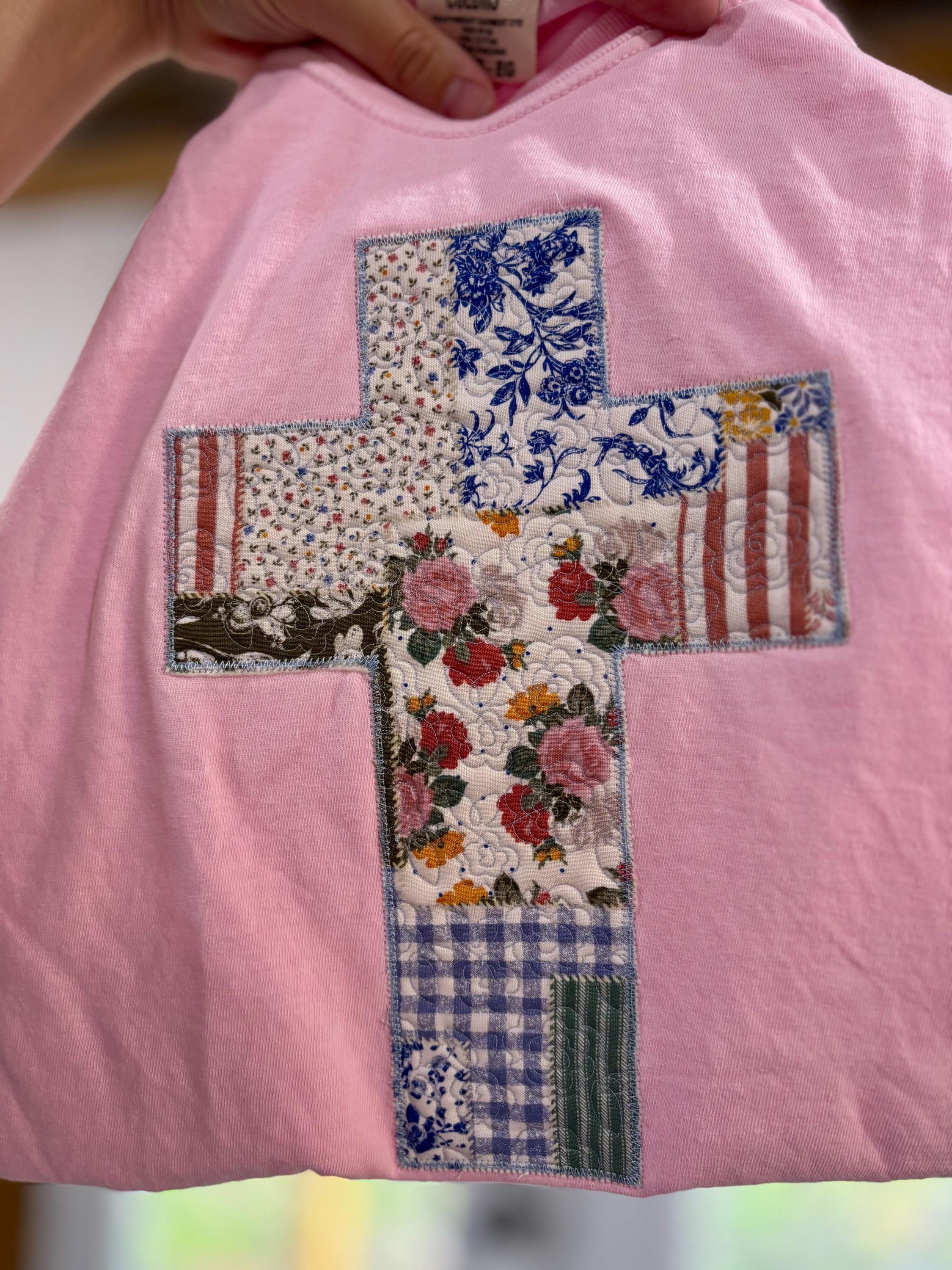 Quilted Patchwork Cross Embroidered Tshirt Spring Christian