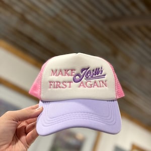 Make Jesus First Again Embroidered Foam Trucker Cap Pink and Purple Two Toned Christian Cap
