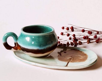 Taza de té con platillo, taza casera, taza de café, taza de café; taza de cerámica, decorativa, regalo, bebidas