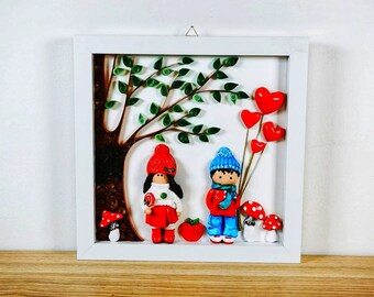 Cuadro decorativo, pintura en yeso, ilustración niña y niño, hecho y pintado a mano, idea regalo navidad, cumpleaños, regalo para enamorados