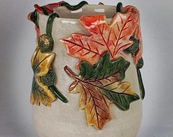 maceta decorativa, jarrón decorativo hecho a mano, jarrón de hojas rosas y verdes, jarrón de diseño, jarrón moderno, regalo decorativo, florero