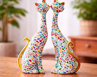 Gato de mosaico multicolor – Decoración original para el hogar – Regalo único para parejas – Objeto decorativo artístico