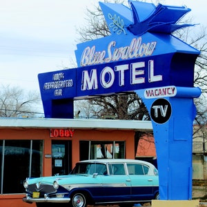 Route 66 Neon Sign Wall Art, Nostalgic Route 66 Photo Print, Route 66 Travel Poster, Road Trips On The Mother Road, Route 66, Blue Swallow
