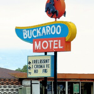 Route 66, Route 66 Photo Print, Travel Poster, Road Trips On The Mother Road, Buckaroo Neon Motel Sign, Road Trip