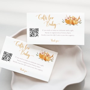 Bloemenpompoen 3.5x2 Baby Douche QR Code Cadeauregistratiekaart, QR Code Cadeauregistratiekaart, Bewerkbare QR Code Cadeauregistratie, Templett, CC004