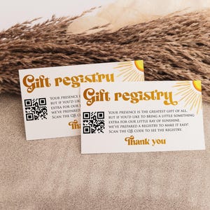 Hier komt de zoon 3,5 x 2 babyshower QR-code cadeauregistratiekaart, QR-code cadeauregistratiekaart, bewerkbare QR-code cadeauregistratiekaart, CC080