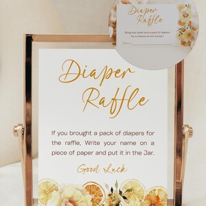 Orange Blumen Babyparty-Windel-Verlosung Zeichen und Karte, Babyparty-Windel-Verlosung Zeichen und Karte, Babyparty bearbeitbar, CC044