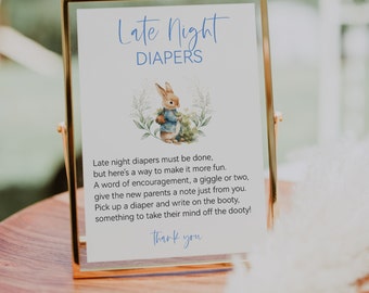 Cute Bunny Baby Shower Late Night Diapers Sign , Late Night Diapers Sign, Baby Shower Editable Late Night Diapers Sign, TEMPLETT, CC033A