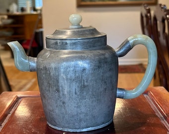 Late Qing Dynasty pewter teapot with jade handles