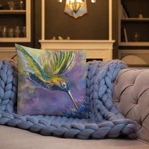 Accent Hummingbird Pillow with Original art by Althia Prinsloo, Decorative Pillow for Your Home, Premium Pillow