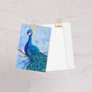 Tarjeta de felicitación de pavo real con arte original de la artista Althia Prinsloo