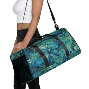 Groen en blauwe plunjezak met originele kunst van Althia Prinsloo