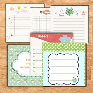 Peut inclure: Un ensemble de blocs-notes décoratifs colorés avec divers motifs. Certains blocs ont des pages lignées, d'autres des grilles. Les blocs sont ornés d'illustrations mignonnes de fleurs, de papillons et de textes comme "Love" et "Noted!"