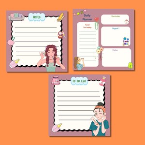 Peut inclure: Ensemble de trois blocs-notes décoratifs avec des illustrations de femmes se maquillant. Les blocs-notes comprennent une section notes, un agenda quotidien et une liste de tâches. Chaque bloc-notes a un design unique avec une bordure festonnée et des accents colorés.