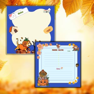 Peut inclure: Deux blocs-notes carrés avec une bordure bleue et un thème automnal. L'un des blocs-notes présente une illustration de chien-citrouille et le mot "Notes". L'autre bloc-notes contient les mots "Morning Routine" et une liste de contrôle.