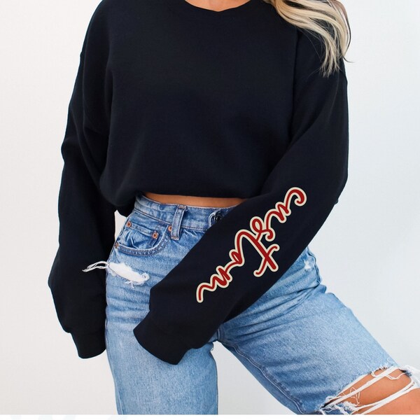 Custom Cursive Sleeve Text Word Sweatshirt Personal Statement Customization Top For Her Text Design Tailored Lettering Sweater Script Style