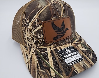 Trucker Richardson 112 Duck Hat Gift Mens Wildlife Leather Patch Laser Engraved Duck Adjustable Strap Hunting Season Dad Cap Outdoor Nature