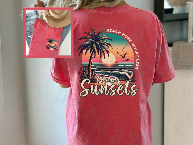 May include: Red t-shirt with a graphic of a palm tree and sunset on the back. The text "Beach More Worry Less" and "Chasing Sunsets" is printed on the shirt.