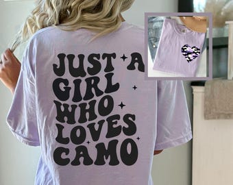 Camiseta Camo Girl Lover Heart Comfort Colors Camiseta urbana Camo Purple Edgy Camiseta retro vintage estilo camuflaje elegante Solo una chica que ama el camuflaje Regalo