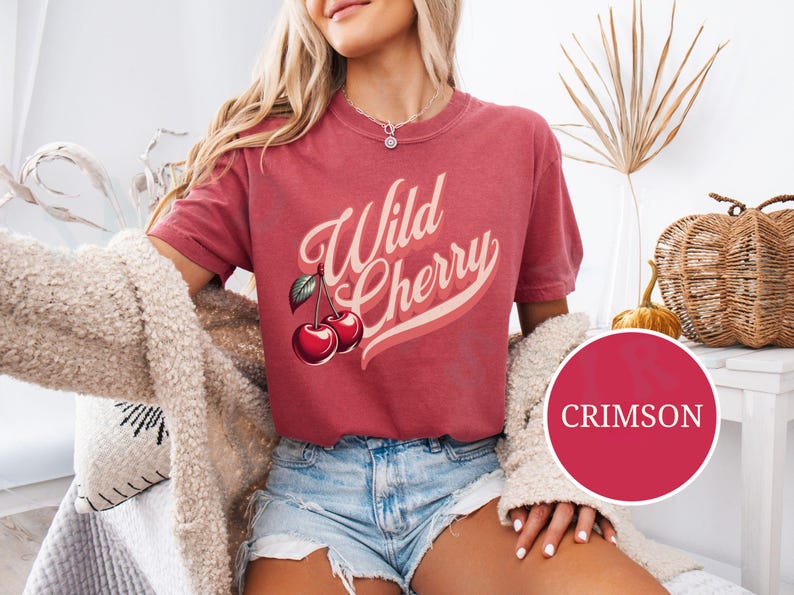 Vintage Wild Cherry T-shirt Comfort Colors Casual Cherry Lover Gift Tee Americana Old School Retro Style Shirt Unique Cherries Cursive Top Crimson