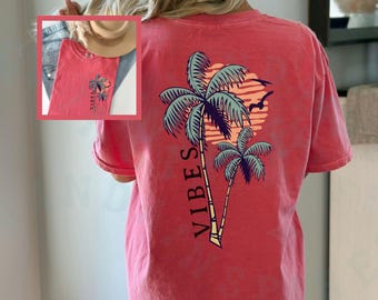 Retro Beach Summer T-shirt Comfort Colors Front and Back Palm Sunset Graphic Tee Vacation Travel Laid Back Style Top Women's Beachwear Gift